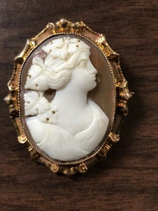 Vintage 10k Yellow Gold Hand Carved Cameo Brooch Pin Pendant