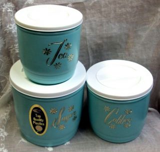 Vtg Action Indust Pittsburgh Pa Plastic Canister Set Coffee Sugar Tea Turquoise