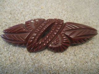 Vintage 4 " Chocolate Brown Bakelite Brooch Lovely Intricate Leaf Carvings