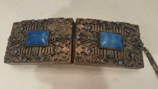 Antique / Vtg Double Sided Blue Jeweled Vanity Dance Purse Compact