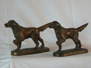 Pr.  Vintage Dogs 7.  5 " Hubley Cast Iron Setter Dog Door Stop Bronze Plated 1930 