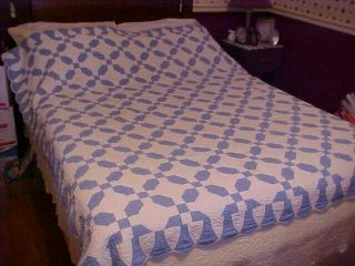 Vintage Hand Made Quilt,  Blue And White Geometric Flower Design