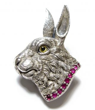 STUNNING VINTAGE OR MODERN SILVER HARE BROOCH / PENDANT SET WITH RUBIES 3