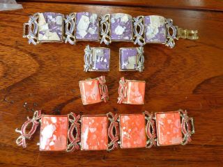 Vtg Lg Confetti Lucite Purple Cabochon Link Bracelet & Earrings Set,  Pink Set