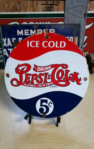 Pepsi Cola Porcelain Sign Vintage 5 Cent Vending Machine Soda Fountain Display