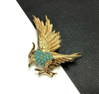 Vintage Boucher Pave Rhinestone & Blue Beaded Bird Figural Brooch Pin Gold Hh62k