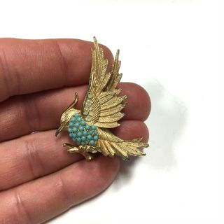 Vintage BOUCHER Pave Rhinestone & Blue Beaded BIRD Figural Brooch Pin Gold HH62k 2