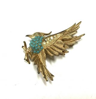 Vintage BOUCHER Pave Rhinestone & Blue Beaded BIRD Figural Brooch Pin Gold HH62k 4