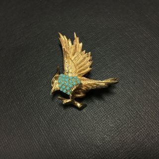 Vintage BOUCHER Pave Rhinestone & Blue Beaded BIRD Figural Brooch Pin Gold HH62k 5