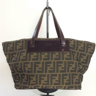 Fendi Vintage Zucca Zucchino Canvas Leather Brown Black Tote Hand Bag