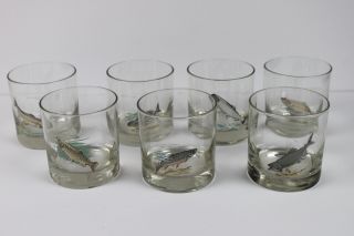 Vintage Set 6 Ned Smith Highball Glasses Barware Fish Trout Grayling Salmon