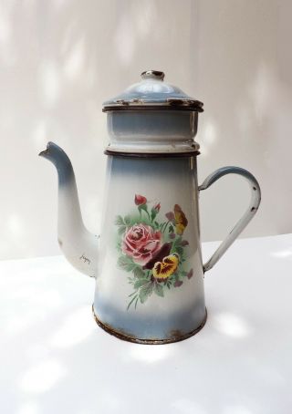 French Vintage Japy Coffee Pot Rose Pansies Enamel Old Blue Enamelware Farmhouse