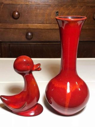 Vintage Blue Mountain Pottery Red And Orange Glazed Duck And Vase