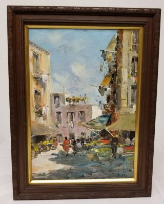 Antique Vintage Oil On Canvas Italian Market Street Scene Painting Signed Rippa