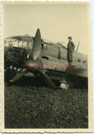 Wwii Photo - Captured German Heinkel He - 111 Bomber Plane W/ Us Gi On Wing