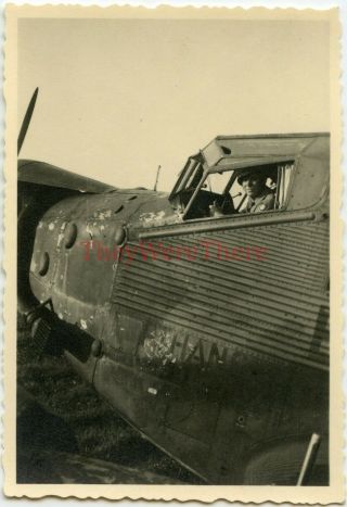 Wwii Photo - Captured German Junkers Ju - 52 Transport Plane W/ Us Gi In Cockpit