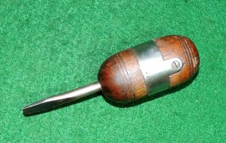 Vintage Early Stuby Wood Handle Ratcheting Screwdriver
