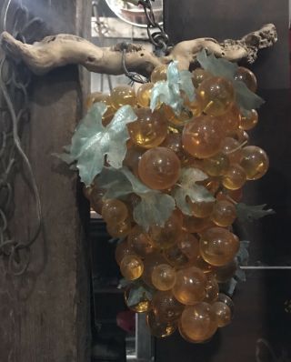 Vintage MCM LARGE Lucite Acrylic Cluster Grapes Retro Hanging Swag Lamp Amber 2