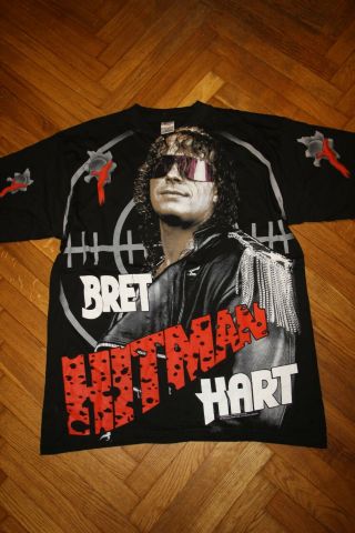 Vintage 90s Bret Hitman Hart All Over Print T - Shirt Wwf Wcw Wrestling Black