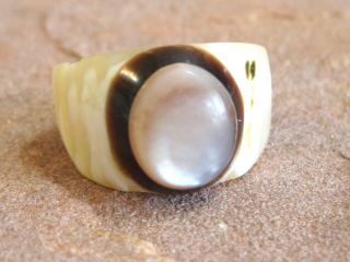 Vintage Carved Shell Boho Mans Ring With Raised Oval Mother Of Pearl Centerpiece