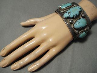 COLOSSAL HEAVY VINTAGE NAVAJO SPIDERWEB TURQUOISE STERLING SILVER BRACELET OLD 7