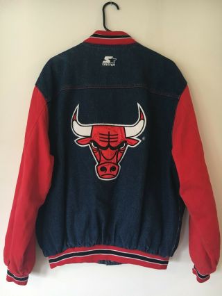 Rare Vtg Chicago Bulls Denim Starter Jacket L Michael Jordan Pippen 90s Rodman