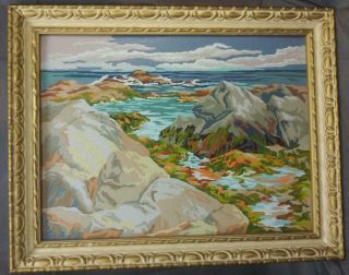 Vintage PBN Paint by Numbers Coastal Landscape Ocean Painting Mid Century Modern 2