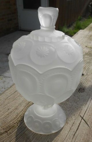 Vtg L.  E.  Smith Moon And Stars Footed Candy Compote 8 " Dish Frosted White Glass