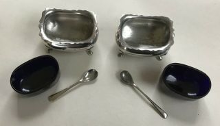 Edwardian Solid Silver Mustard Condiment Pots,  Blue Liners,  Spoons