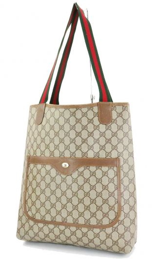 Authentic Vintage Gucci Brown Gg Pvc Canvas And Leather Tote Bag Purse 33079