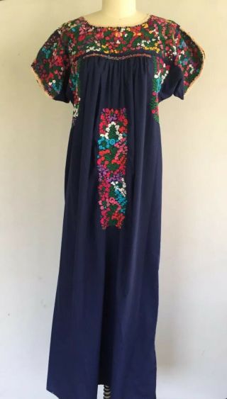 Vintage 70s Oaxacan Dress Floral Mexican Hand Embroidered Lace Boho Hippie Blue
