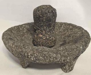 Large Vtg Mexican Molcajete Collectible Lava Stone Mortar And Pestle