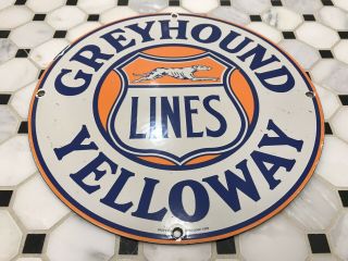 Vintage Greyhound Bus Lines Porcelain Sign Service Station Yelloway Gas Oil Dog