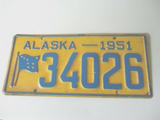 Vintage 1951 Alaska License Plate 34026 -