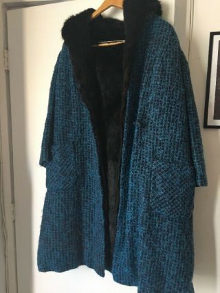 Vintage Real Fur Lined Turquoise Woven Wool Coat With Hood Women’s Fashion