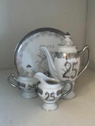 Vintage China 25th Silver Anniversary Tea Or Coffee Set Sugar & Creamer