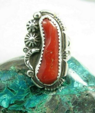 Vintage Navajo Signed K Mediterranean Red Coral Sterling Silver 1 1/4 " Ring Sz 8