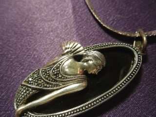 Vintage Art Deco Sterling Silver Marcasite Onyx Flapper Lady Pendant Necklace 2