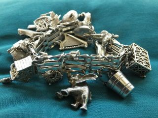 Vintage Sterling Silver 4 Bar Gate Bracelet With 23 Charms - 82.  6g - Chim