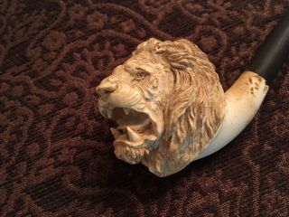 Vintage Lion ' s Head Meerschuam Pipe and Case - Early 1900s 2