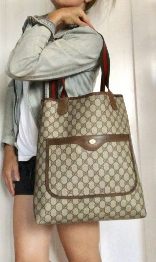 Authentic Vintage Gucci Monogram Gg Brown Leather Shopper Bag Striped Tote