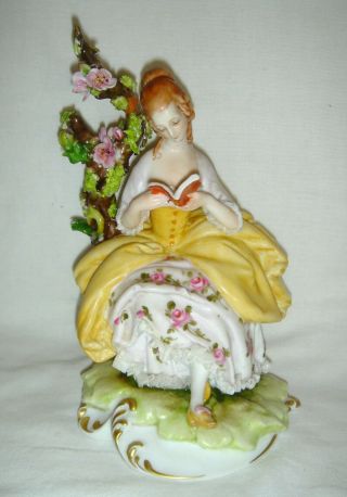 Vintage Capodimonte Porcelain Seated Lace Lady Figurine Reading Book Near A Tree