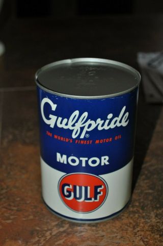 Vintage Gulfpride Motor Oil Metal Quart Can Full.