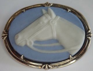 Vintage Art Deco Gold On Sterling Silver Wedgwood Jasper Ware Horse Brooch
