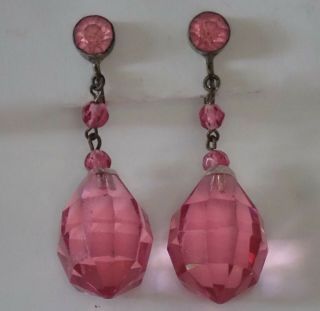 Antique Art Deco Pink Czech Glass Rhinestone Dangle Earrings