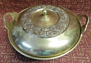 Vintage Korean Solid Brass Footed Bowl Whandles And Decorative Lid Collectible