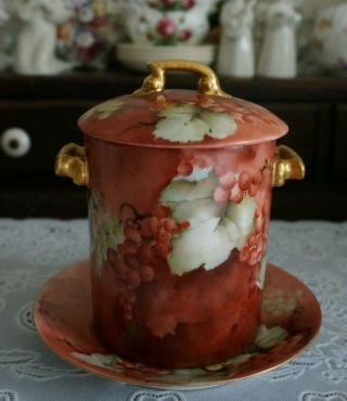 Vintage T&v Limoges France Berries Gold Handle Condensed Milk/jam Jar And Plate