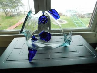 Vintage Mid Century Modern Blenko Art Glass Fish Vase / Clear And Cobalt Blue