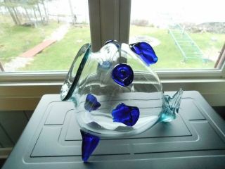 Vintage Mid Century Modern BLENKO ART GLASS FISH VASE / CLEAR and COBALT BLUE 2