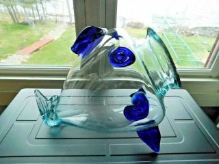 Vintage Mid Century Modern BLENKO ART GLASS FISH VASE / CLEAR and COBALT BLUE 3